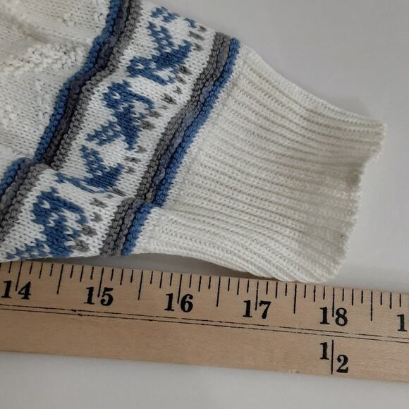 Vintage 90s Collared Polo Sweater Blue Birds Cream XL Grandmacore Farmhouse - Picture 10 of 10